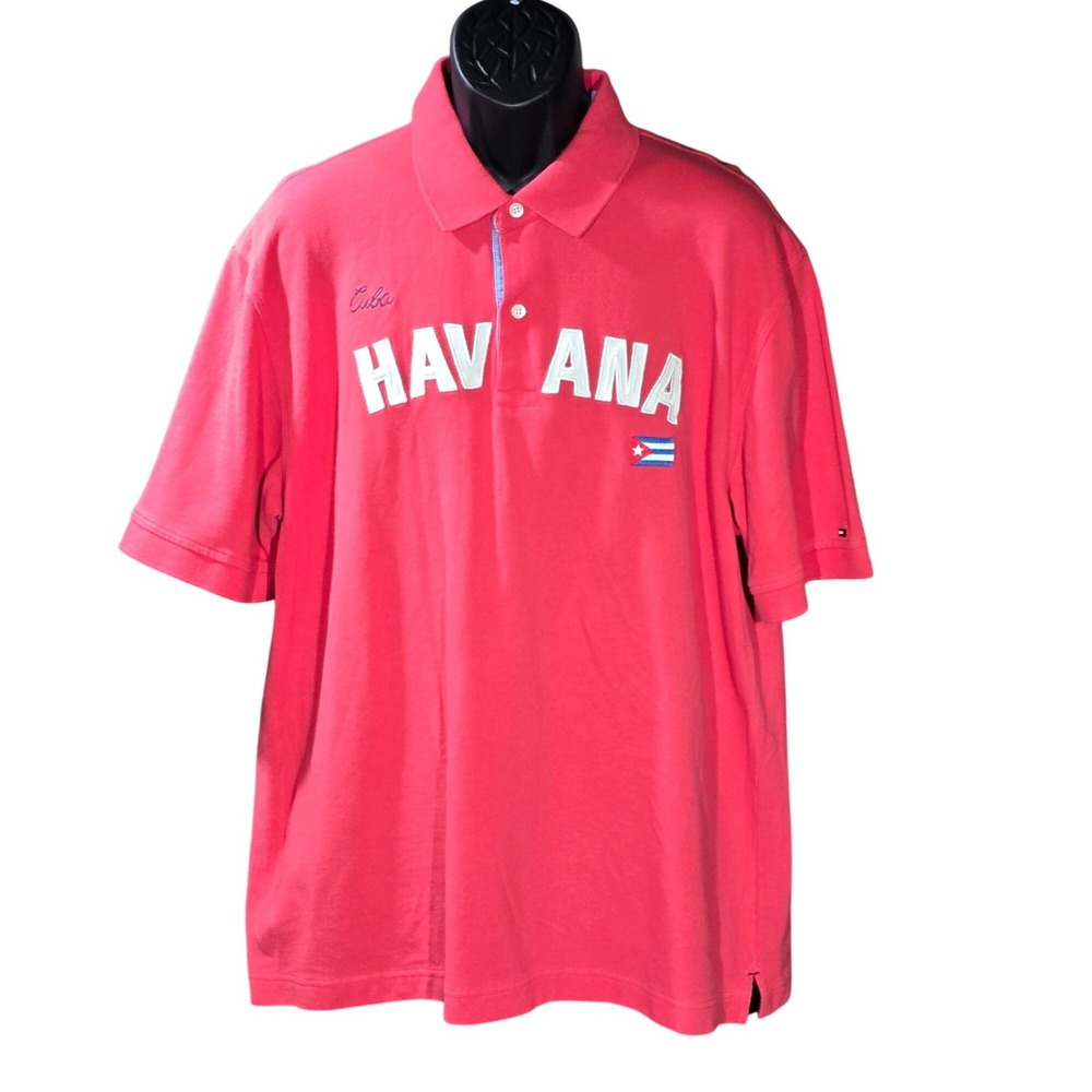Tommy Hilfiger Polo Shirt XXL Trim Fit Coral Pink Havana Cuba Flag Logo Pique